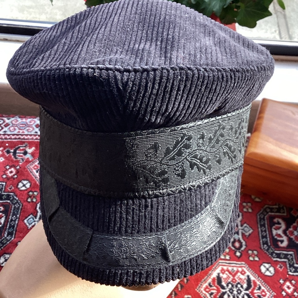 Elegant Black Corduroy Cap with Embroidered Band